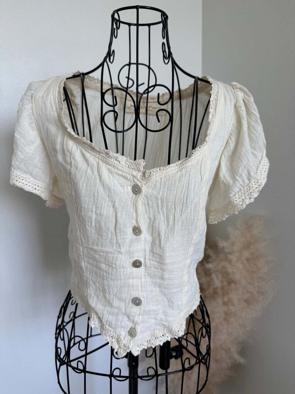 Jen's Pirate Booty Corset Crop Top Cream Natural Cotton Gauze Lace Boho/ Cottage